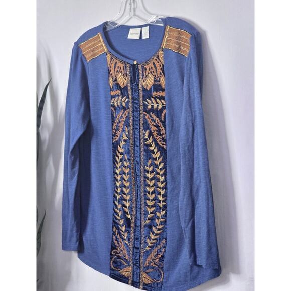 Chicos Zenergy Womens Size 1 (Medium) Blue Embroidered Pieced Velvet Tunic LS - Picture 3 of 7